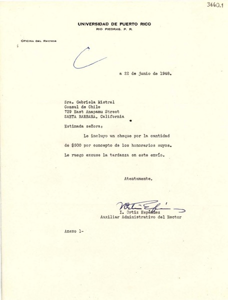 [Carta] 1948 jun. 22, Río Piedras, Puerto Rico [a] Gabriela Mistral, Santa Barbara, California