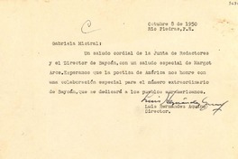 [Carta] 1950 oct. 8, Río Piedras, Puerto Rico [a] Gabriela Mistral