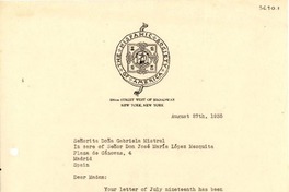 [Carta] 1935 Aug. 27, New York, [EE.UU.] [a] Gabriela Mistral, Madrid, España