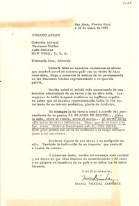 [Carta] 1953 mayo 26, San Juan, Puerto Rico [a] Gabriela Mistral, Nueva York, USA.