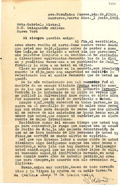 [Carta] 1953 jun. 1, Santurce, Puerto Rico [a] Gabriela Mistral, Nueva York