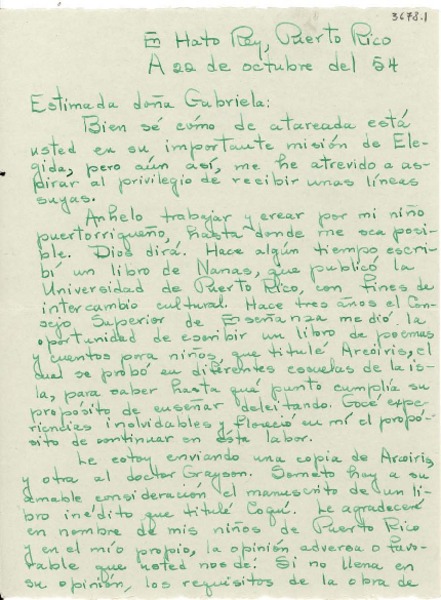 [Carta] 1954 ago. 22, Harto Rey, Puerto Rico [a] Gabriela Mistral