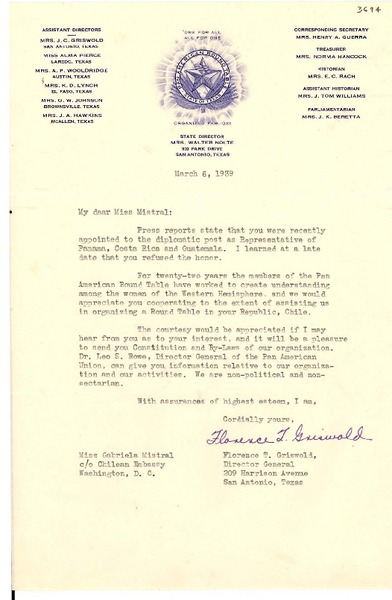 [Carta] 1939 mar. 6, San Antonio, Texas, [EE.UU.] [a] Gabriela Mistral, Washington D.C., [EE.UU.]