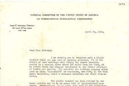 [Carta] 1939 abr. 20, New York, [EE.UU.] [a] Gabriela Mistral, Chilean Consulate, Nice, France