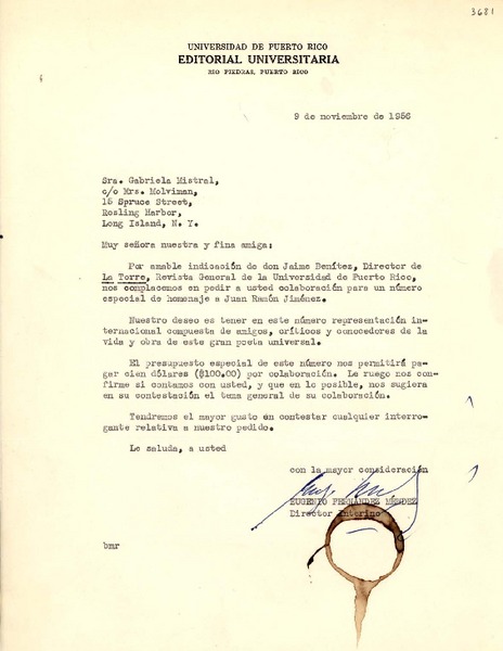 [Carta] 1956 nov. 9, Río Piedras, Puerto Rico [a] Gabriela Mistral, Long Island, New York