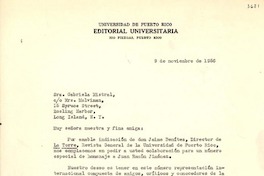 [Carta] 1956 nov. 9, Río Piedras, Puerto Rico [a] Gabriela Mistral, Long Island, New York
