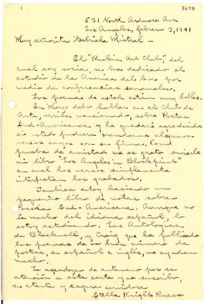 [Carta] 1941 feb. 3, Los Angeles, [EE.UU.] [a] Gabriela Mistral