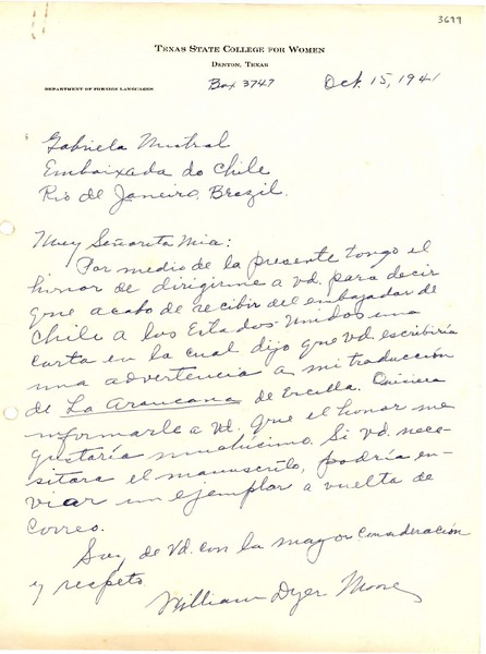 [Carta] 1941 oct. 15, Denton, Texas, [EE.UU.] [a] Gabriela Mistral, Río de Janeiro, Brazil