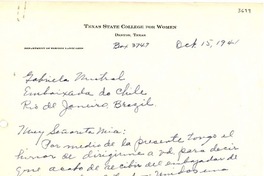 [Carta] 1941 oct. 15, Denton, Texas, [EE.UU.] [a] Gabriela Mistral, Río de Janeiro, Brazil