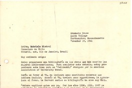 [Carta] 1941 nov. 19, Northampton, Massachusetts [a] Gabriela Mistral, Niteroi, Río de Janeiro, Brasil