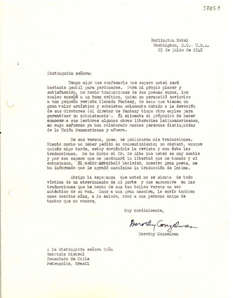 [Carta] 1942 jul. 25, Washington D.C. [a] Gabriela Mistral, Petrópolis, Brasil