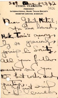 [Tarjeta] 1942 ago. 20, Webster Groves, Missouri [a] Gabriela Mistral