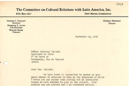 [Carta] 1942 sept. 14, New Heaven, Connecticut [a] Gabriela Mistral, Petrópolis, Brasil