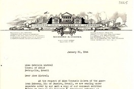 [Carta] 1944 ene. 31, Richmond, Virginia [a] Gabriela Mistral