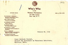[Carta] 1943 ene. 22, N. York [a] Gabriela Mistral, Santiago de Chile