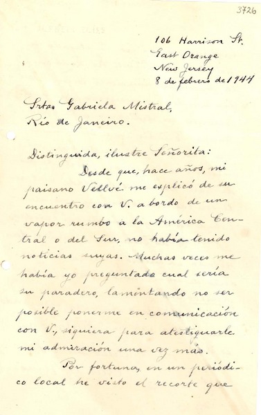 [Carta] 1944 feb. 8, Río de Janeiro, [Brasil] [a] Gabriela Mistral