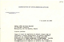 [Carta] 1943 abr. 7, Washington D.C. [a] Gabriela Mistral, Petrópolis, Brasil