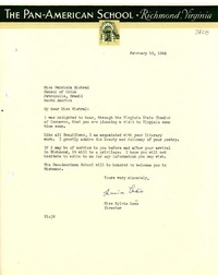 [Carta] 1944 feb. 16, Richmond, Virginia, [EE.UU.] [a] Gabriela Mistral, Petrópolis, Brasil