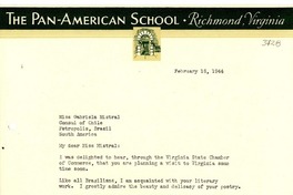 [Carta] 1944 feb. 16, Richmond, Virginia, [EE.UU.] [a] Gabriela Mistral, Petrópolis, Brasil