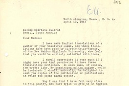 [Carta] 1943 abr. 13, North Abington, Massachussetts [a] Gabriela Mistral, Brasil