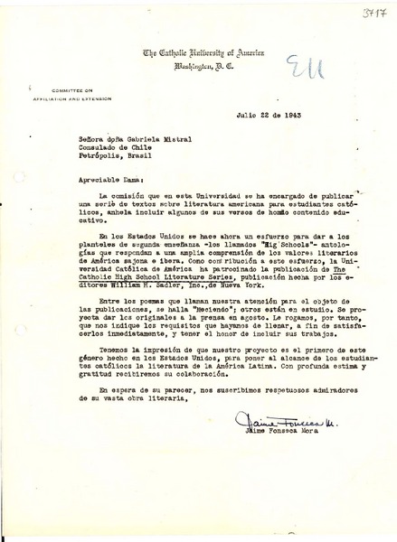 [Carta] 1943 jul. 22, Washington D.C. [a] Gabriela Mistral, Petrópolis, Brasil