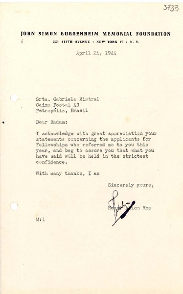[Carta] 1944 abr. 24, New York, EE.UU. [a] Gabriela Mistral, Petrópolis, Brasil