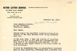 [Carta] 1945 nov. 28, N. York [a] Gabriela Mistral, Estocolmo, Suecia
