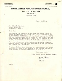 [Carta] 1944 ago. 9, N. York [a] Gabriela Mistral, Petrópolis, Brasil