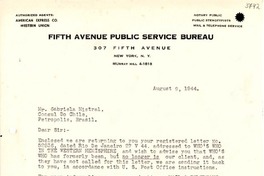 [Carta] 1944 ago. 9, N. York [a] Gabriela Mistral, Petrópolis, Brasil