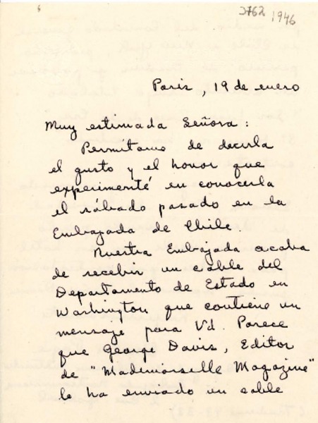[Carta] [1946] ene. 19, París [a] [Gabriela Mistral]