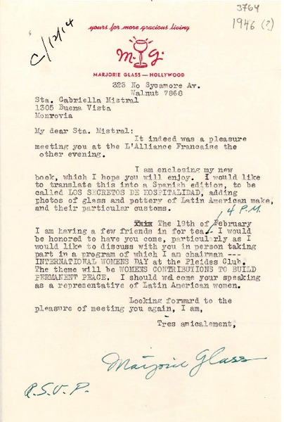 [Carta] [1946], Walnut 7868, Hollywood, [EE.UU.] [a] Gabriela Mistral