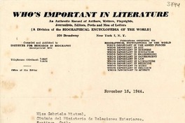 [Carta] 1944 nov. 13, N. York [a] Gabriela Mistral, Santiago de Chile