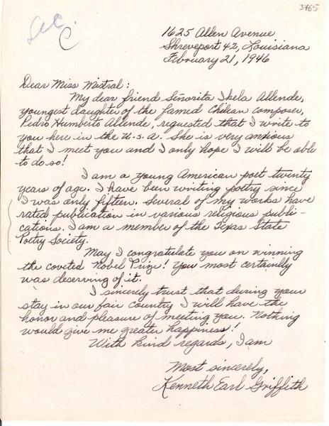 [Carta] 1946 feb. 21, Shreveport, Louisiana, EE.UU. [a] [Gabriela] Mistral