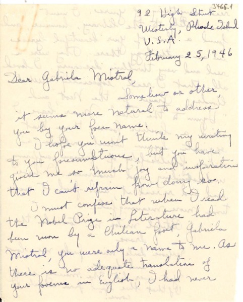[Carta] 1946 feb. 25, Westerly, Rhode Island, EE.UU. [a] Gabriela Mistral