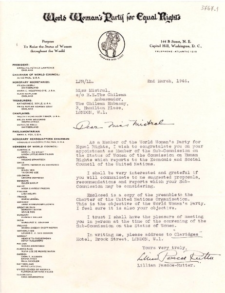 [Carta] 1946 mar. 2, Washington, D.C., EE.UU. [a] Gabriela Mistral