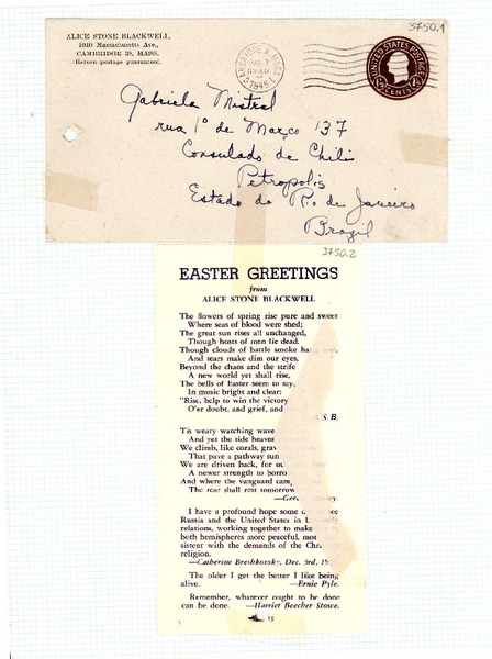 [Carta] 1945 mar. 7, Cambridge, Massachusetts [a] Gabriela Mistral, Petrópolis, Brasil