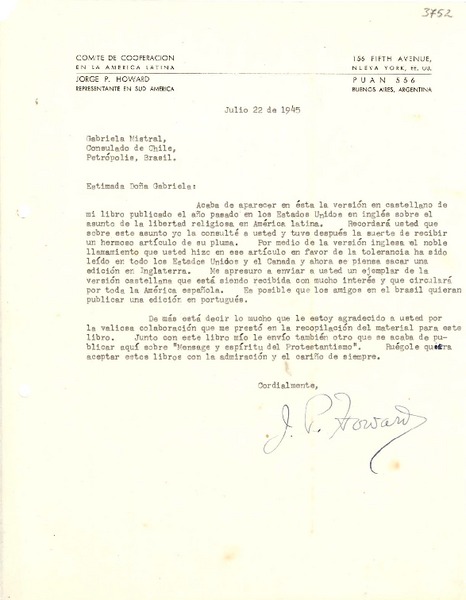 [Carta] 1945 jul. 22, Buenos Aires [a] Gabriela Mistral, Petrópolis, Brasil