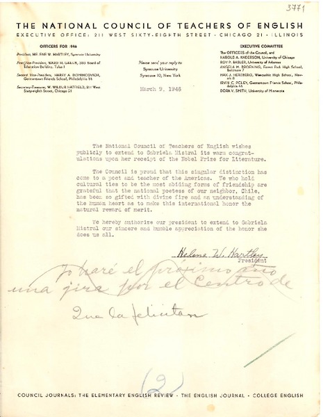 [Carta] 1946 mar. 9, Syracuse, New York, EE.UU. [a] Gabriela Mistral