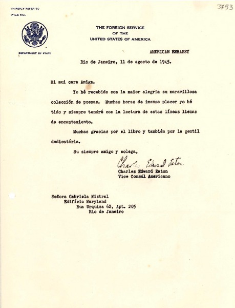 [Carta] 1945 ago. 11, Río de Janeiro [a] Gabriela Mistral, Río de Janeiro