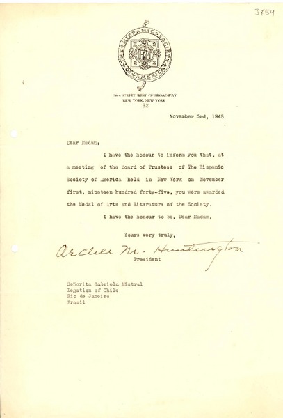 [Carta] 1945 nov. 3, New York [a] Gabriela Mistral, Río de Janeiro, Brasil