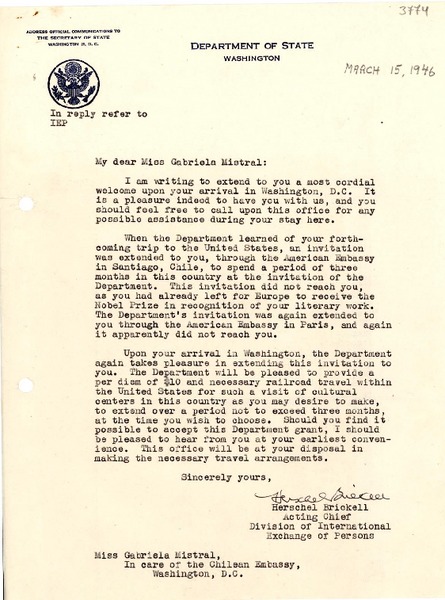 [Carta] [1946 mar. 15], Washington, D.C., EE.UU. [a] Gabriela Mistral