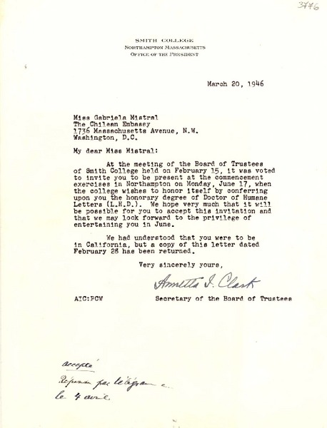[Carta] 1946 mar. 20, Northampton, Massachusetts [a] Gabriela Mistral, Washington D.C.
