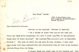 [Carta] 1946 mar. 22, Los Ángeles, California [a] Gabriela Mistral