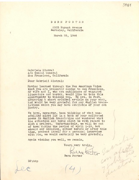 [Carta] 1946 mar. 25, Berkeley, California [a] Gabriela Mistral, San Francisco
