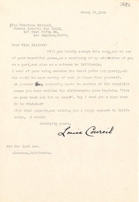 [Carta] 1946 mar. 27, Altadena, California [a] Gabriela Mistral, Los Ángeles, California