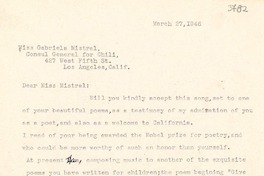 [Carta] 1946 mar. 27, Altadena, California [a] Gabriela Mistral, Los Ángeles, California