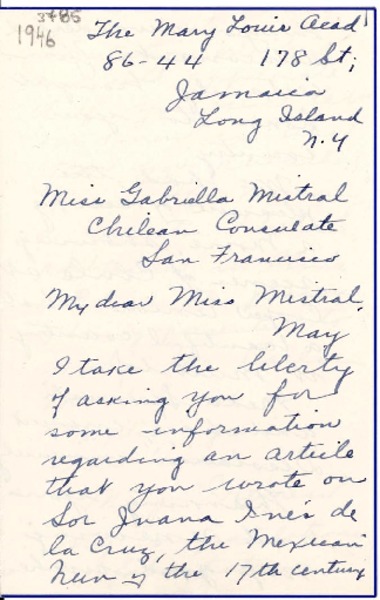 [Carta] 1946, Long Island, N. York [a] Gabriela Mistral, San Francisco