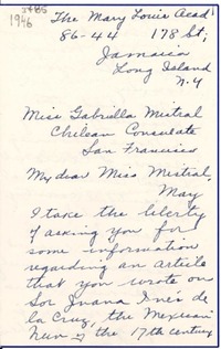 [Carta] 1946, Long Island, N. York [a] Gabriela Mistral, San Francisco