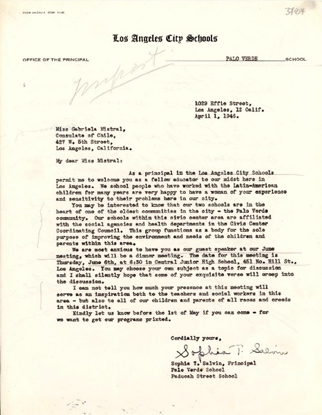 [Carta] 1946 abr. 1, Los Ángeles, California [a] Gabriela Mistral, Los Ángeles, California