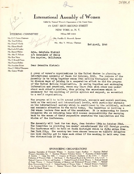 [Carta] 1946 abr. 2, Nueva York [a] Gabriela Mistral, Los Ángeles, California